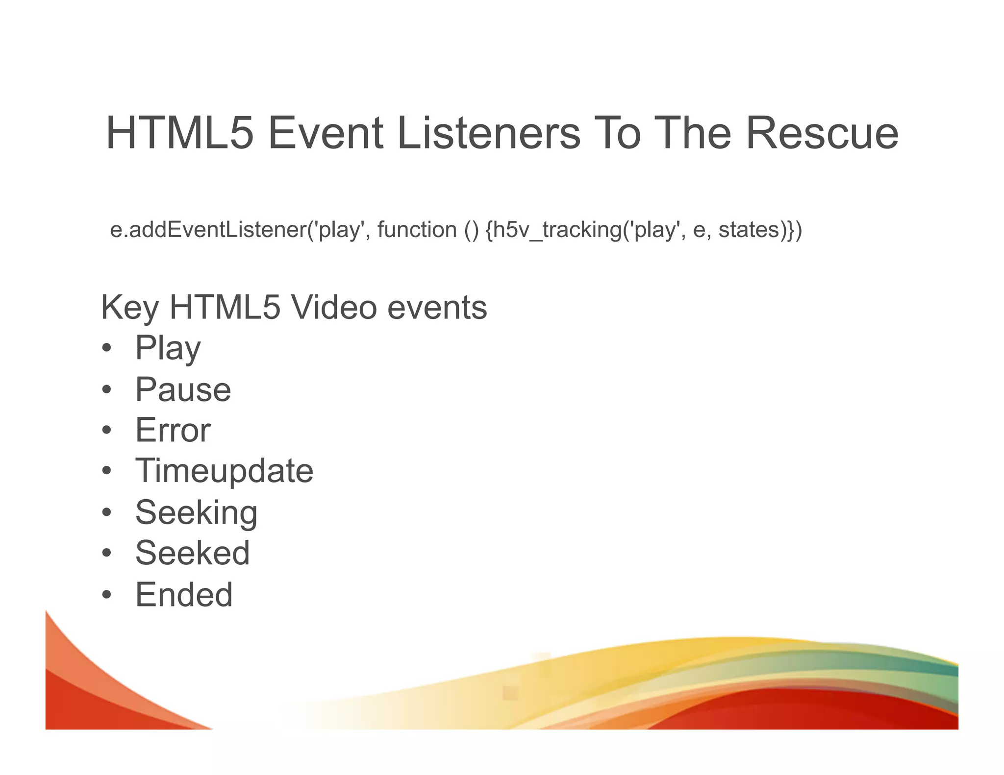 HTML5 Event Listeners To The Rescue
e.addEventListener('play', function () {h5v_tracking('play', e, states)})


Key HTML5 Video events
•  Play
•  Pause
•  Error
•  Timeupdate
•  Seeking
•  Seeked
•  Ended
 