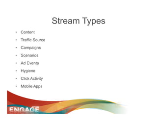 Stream Types
•  Content
•  Traffic Source
•  Campaigns
•  Scenarios
•  Ad Events
•  Hygiene
•  Click Activity
•  Mobile Apps
 
