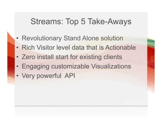Streams: Top 5 Take-Aways
•    Revolutionary Stand Alone solution
•    Rich Visitor level data that is Actionable
•    Zero install start for existing clients
•    Engaging customizable Visualizations
•    Very powerful API
 