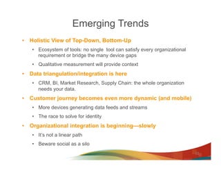 Emerging Trends
•  Holistic View of Top-Down, Bottom-Up
   •  Ecosystem of tools: no single tool can satisfy every organizational
      requirement or bridge the many device gaps
   •  Qualitative measurement will provide context
•  Data triangulation/integration is here
   •  CRM, BI, Market Research, Supply Chain: the whole organization
      needs your data.
•  Customer journey becomes even more dynamic (and mobile)
   •  More devices generating data feeds and streams
   •  The race to solve for identity
•  Organizational integration is beginning—slowly
   •  It’s not a linear path
   •  Beware social as a silo
                                                                            22
 