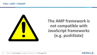 Max Prin @maxxeight | Engage Conference 2018 #EngagePDX23
PWA + AMP = PWAMP
The AMP framework is
not compatible with
JavaScript frameworks
(e.g. pushState)
 