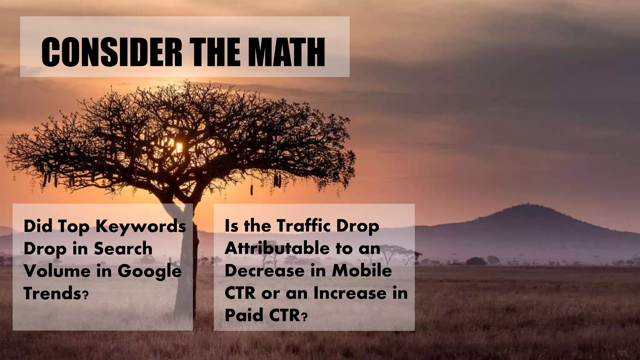 CONSIDER THE MATH
Is the Traffic Drop
Attributable to an
Decrease in Mobile
CTR or an Increase in
Paid CTR?
Did Top Keywords
Drop in Search
Volume in Google
Trends?
 