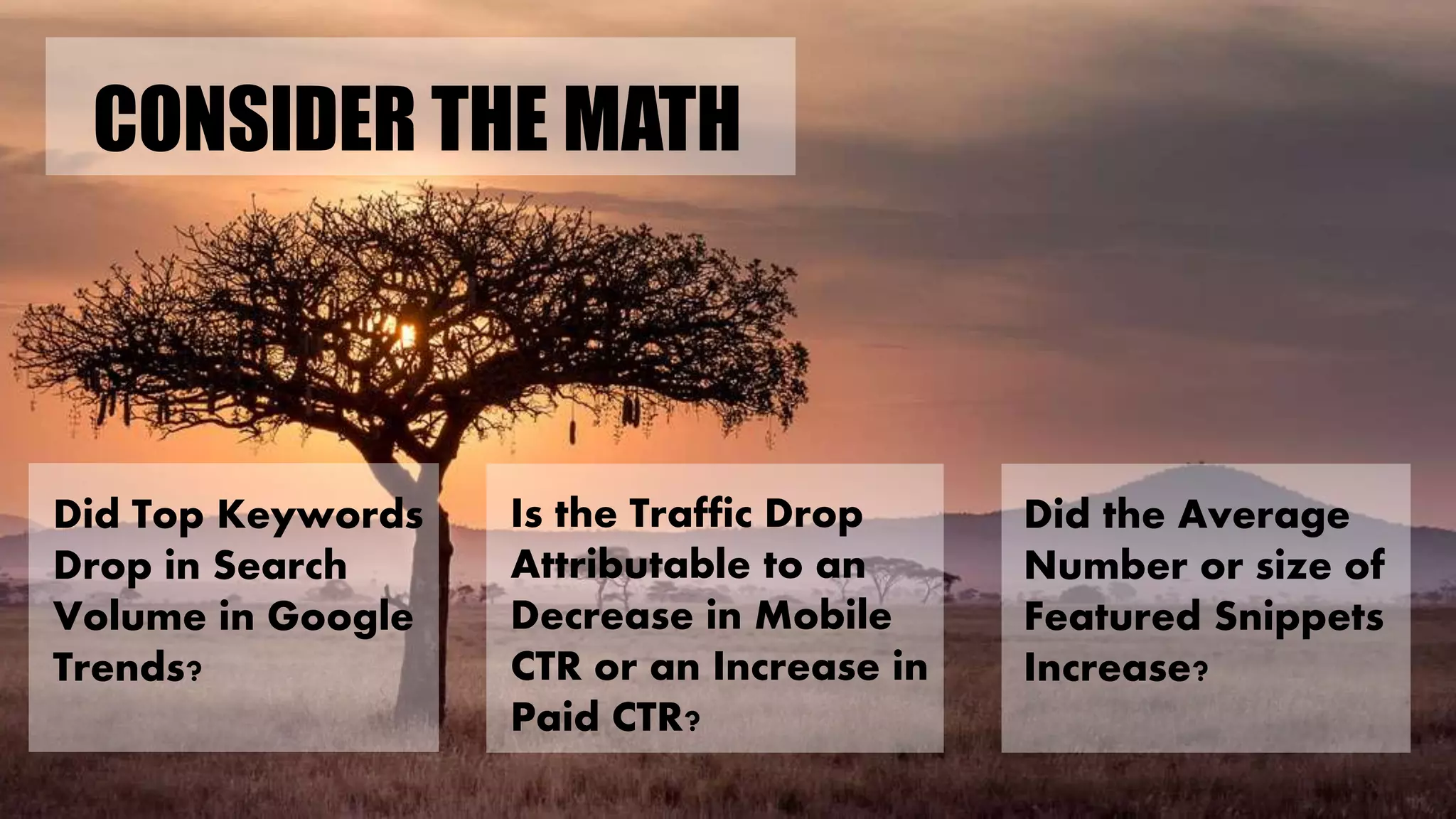 CONSIDER THE MATH
Is the Traffic Drop
Attributable to an
Decrease in Mobile
CTR or an Increase in
Paid CTR?
Did Top Keywords
Drop in Search
Volume in Google
Trends?
Did the Average
Number or size of
Featured Snippets
Increase?
 