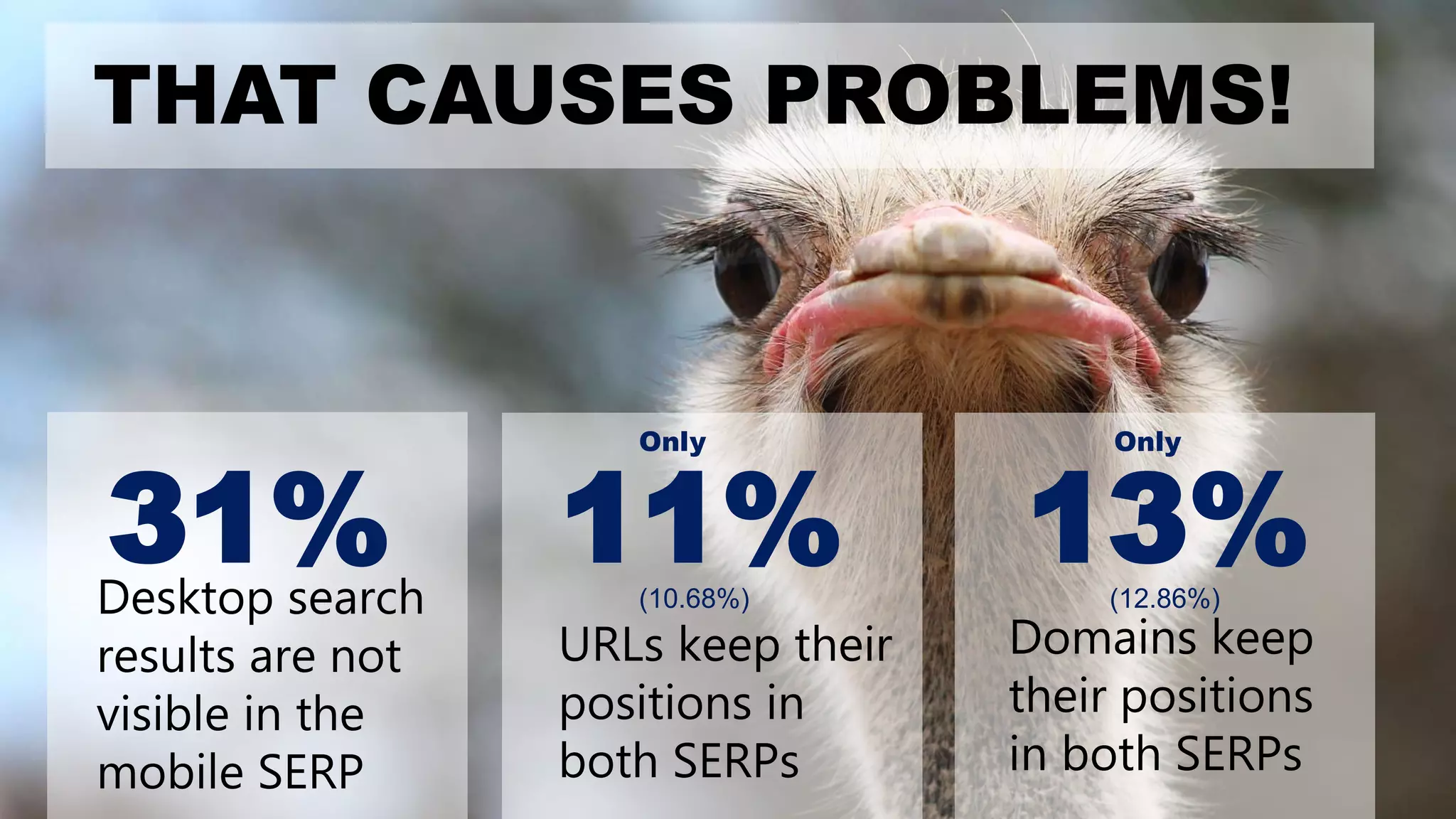 THAT CAUSES PROBLEMS!
Desktop search
results are not
visible in the
mobile SERP
31% 11% 13%
Only Only
(12.86%)(10.68%)
URLs keep their
positions in
both SERPs
Domains keep
their positions
in both SERPs
 