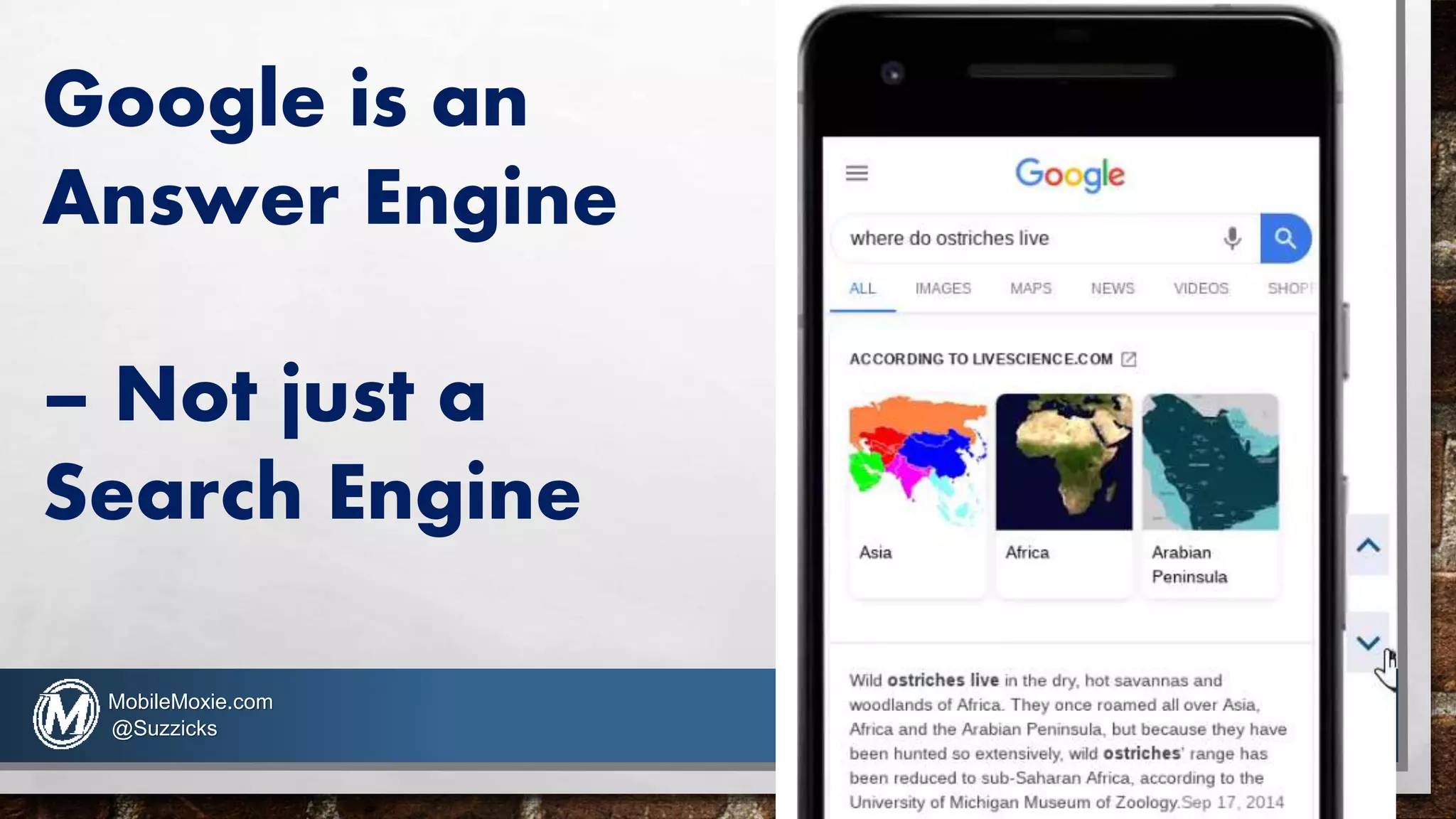 Google is an
Answer Engine
– Not just a
Search Engine
MobileMoxie.com
@Suzzicks
 