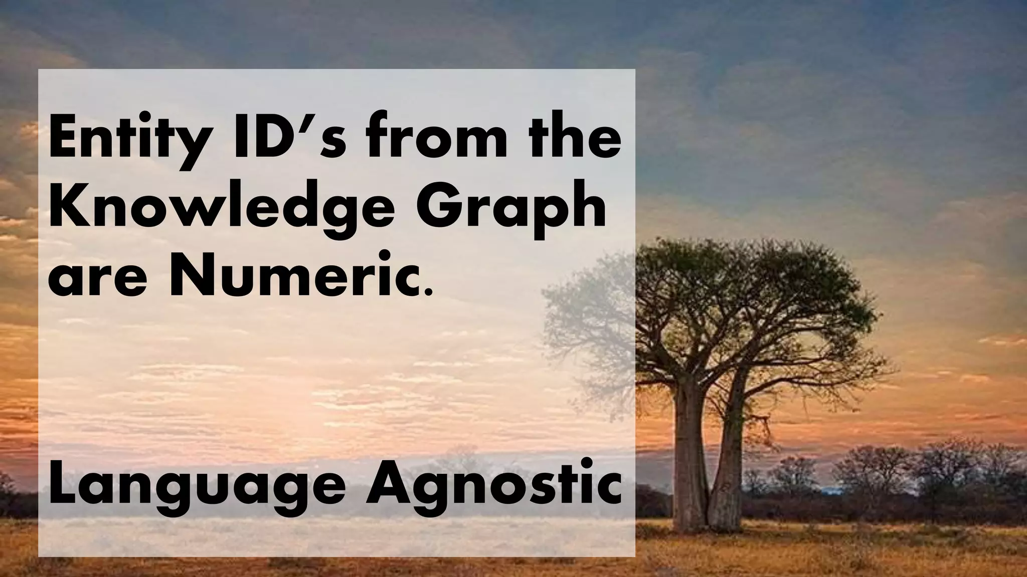 Entity ID’s from the
Knowledge Graph
are Numeric.
Language Agnostic
 