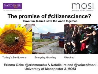 The promise of #citizenscience?
Have fun, learn & save the world together

Turing’s Sunflowers

Everyday Growing

#Hooked

Erinma Ochu @erinmaochu & Natalie Ireland @voiceofmosi
University of Manchester & MOSI

 
