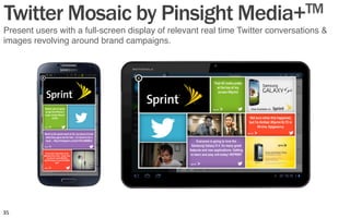 Present users with a full-screen display of relevant real time Twitter conversations &
images revolving around brand campaigns."
Twitter Mosaic by Pinsight Media+TM
35	
  
 