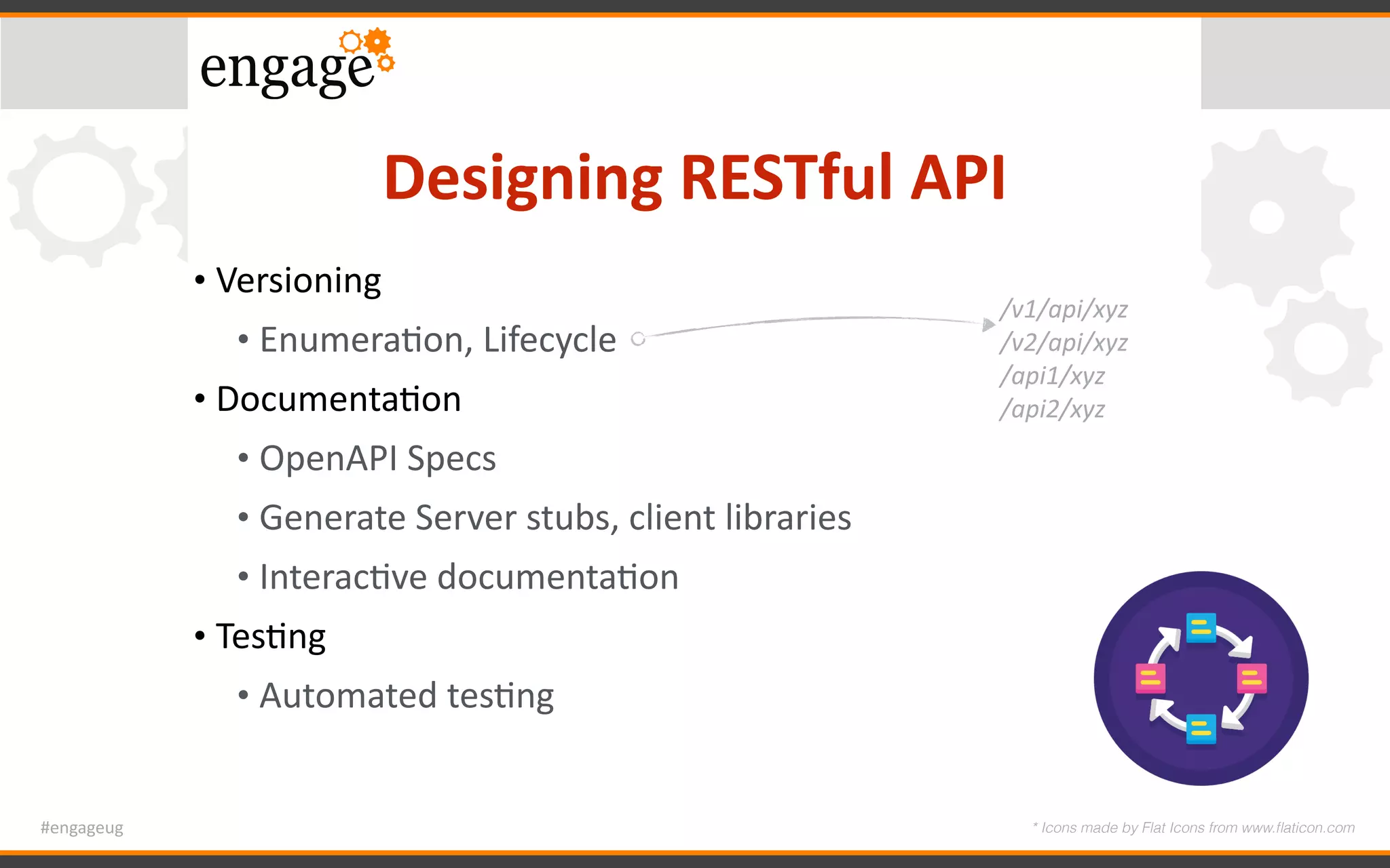 #engageug
Designing	RESTful	API
• Versioning	
• EnumeraGon,	Lifecycle	
• DocumentaGon	
• OpenAPI	Specs	
• Generate	Server	stubs,	client	libraries	
• InteracGve	documentaGon	
• TesGng	
• Automated	tesGng
* Icons made by Flat Icons from www.ﬂaticon.com
/v1/api/xyz	
/v2/api/xyz	
/api1/xyz	
/api2/xyz
 