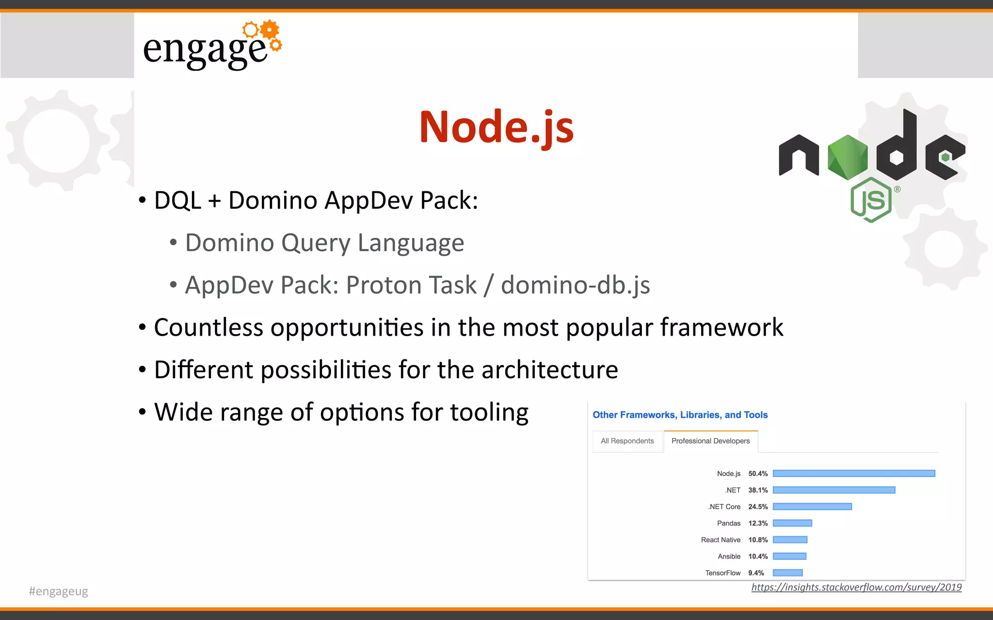 #engageug
Node.js
• DQL	+	Domino	AppDev	Pack:	
• Domino	Query	Language	
• AppDev	Pack:	Proton	Task	/	domino-db.js	
• Countless	opportuniGes	in	the	most	popular	framework	
• Diﬀerent	possibiliGes	for	the	architecture	
• Wide	range	of	opGons	for	tooling
https://insights.stackoverflow.com/survey/2019
 