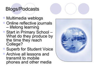 Blogs/Podcasts Multimedia weblogs Online reflective journals – lifelong learning Start in Primary School – What do they produce by the time they reach College? Superb for Student Voice Archive all lessons and transmit to mobile phones and other media 