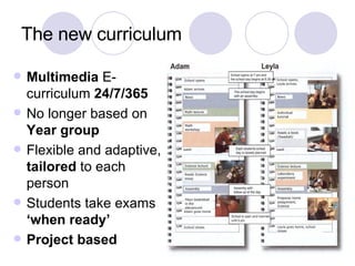The new curriculum Multimedia  E-curriculum  24/7/365 No longer based on  Year group Flexible and adaptive,  tailored  to each person Students take exams  ‘when ready’ Project based 