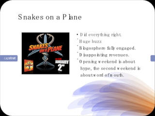 Did everything right. Huge buzz Blogosphere fully engaged. Disappointing revenues. Opening weekend is about  hype, the second weekend is  about word of mouth. Snakes on a Plane 