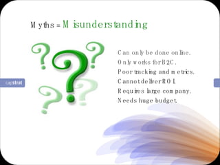 Can only be done online. Only works for B2C.  Poor tracking and metrics. Cannot deliver ROI. Requires large company. Needs huge budget. Myths  =  Misunderstanding 