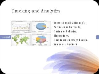 Impressions/click-through’s. Purchases and/or leads.  Customer behavior. Blogosphere. Chat rooms/message boards. Immediate feedback Tracking and Analytics 