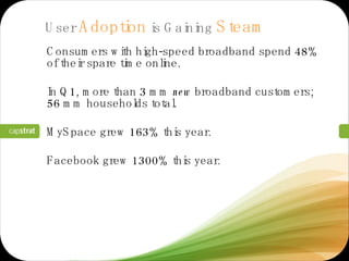 User  Adoption  is Gaining  Steam Consumers with high-speed broadband spend 48% of their spare time online. In Q1, more than 3 mm  new  broadband customers; 56 mm households total. MySpace grew 163% this year. Facebook grew 1300% this year. 
