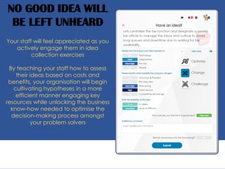 NO GOOD IDEA WILL
BE LEFT UNHEARD
Your staff will feel appreciated as you
actively engage them in idea
collection exercises
By teaching your staff how to assess
their ideas based on costs and
benefits, your organisation will begin
cultivating hypotheses in a more
efficient manner engaging key
resources while unlocking the business
know-how needed to optimise the
decision-making process amongst
your problem solvers
 