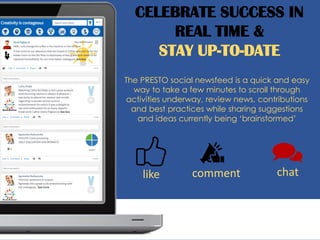 CELEBRATE SUCCESS IN
REAL TIME &
STAY UP-TO-DATE
The PRESTO social newsfeed is a quick and easy
way to take a few minutes to scroll through
activities underway, review news, contributions
and best practices while sharing suggestions
and ideas currently being ‘brainstormed’
like comment chat
 
