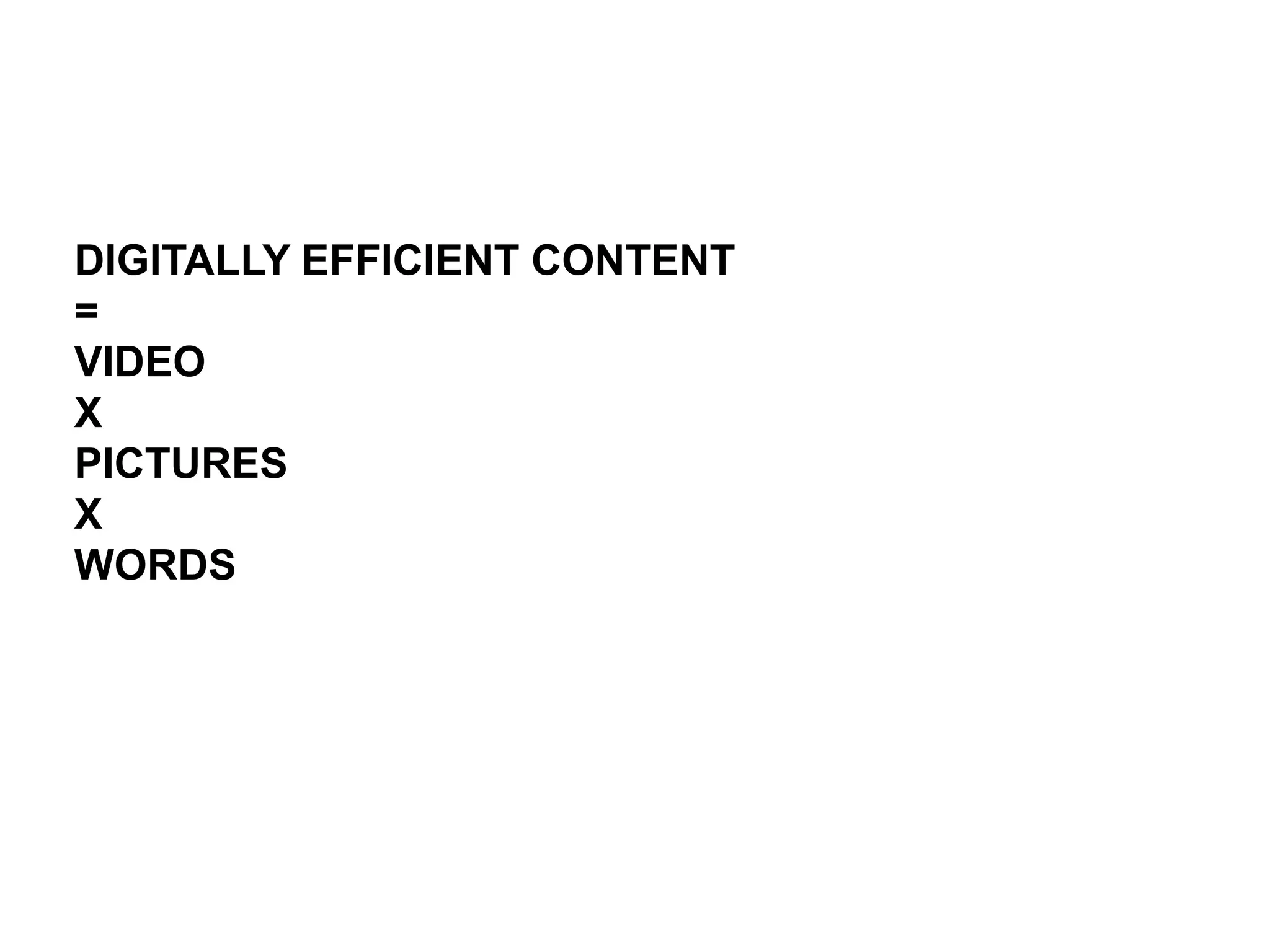 DIGITALLY EFFICIENT CONTENT
=
VIDEO
X
PICTURES
X
WORDS
 