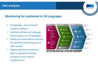 Text analytics
 Clarabridge – best of breed
analytics software
 Sentiment & Natural Language
Processing across 10 languages
 Ability to custom define searches
for detailed monitoring (search
with search)
 Organize & direct content by
type to appropriate teams
(customer care, product
feedback etc.)
Monitoring for sentiment in 10 Languages
 