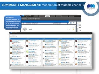 COMMUNITY MANAGEMENT: moderation of multiple channels
Panel View
This link delivers an
expanded quick view
of all of your social
platform pages for
easy engagement
 