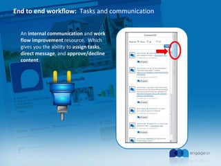 End to end workflow: Tasks and communication
An internal communication and work
flow improvement resource. Which
gives you the ability to assign tasks,
direct message, and approve/decline
content.
 