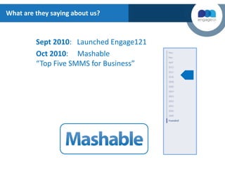 Sept 2010: Launched Engage121
Oct 2010: Mashable
“Top Five SMMS for Business”
What are they saying about us?
 