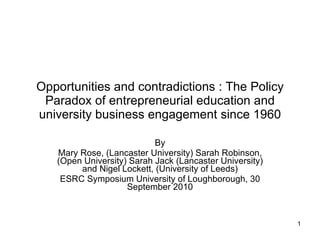 Opportunities and contradictions : The Policy Paradox of entrepreneurial education and university business engagement since 1960 By Mary Rose, (Lancaster University) Sarah Robinson, (Open University) Sarah Jack (Lancaster University) and Nigel Lockett, (University of Leeds) ESRC Symposium University of Loughborough, 30 September 2010 