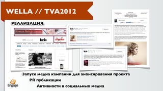 WELLA // TVA2012
 РЕАЛИЗАЦИЯ:




    Запуск медиа кампании для анонсирования проекта
       PR публикации
          Активности в социальных медиа
 