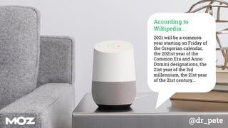 @dr_pete
According to
Wikipedia…
2021 will be a common
year starting on Friday of
the Gregorian calendar,
the 2021st year of the
Common Era and Anno
Domini designations, the
21st year of the 3rd
millennium, the 21st year
of the 21st century…
 