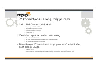 IBM Connections – a long, long journey
• 2011: IBM Connections kicks in
• Licensing support by Belsoft
• Missing Managemen...