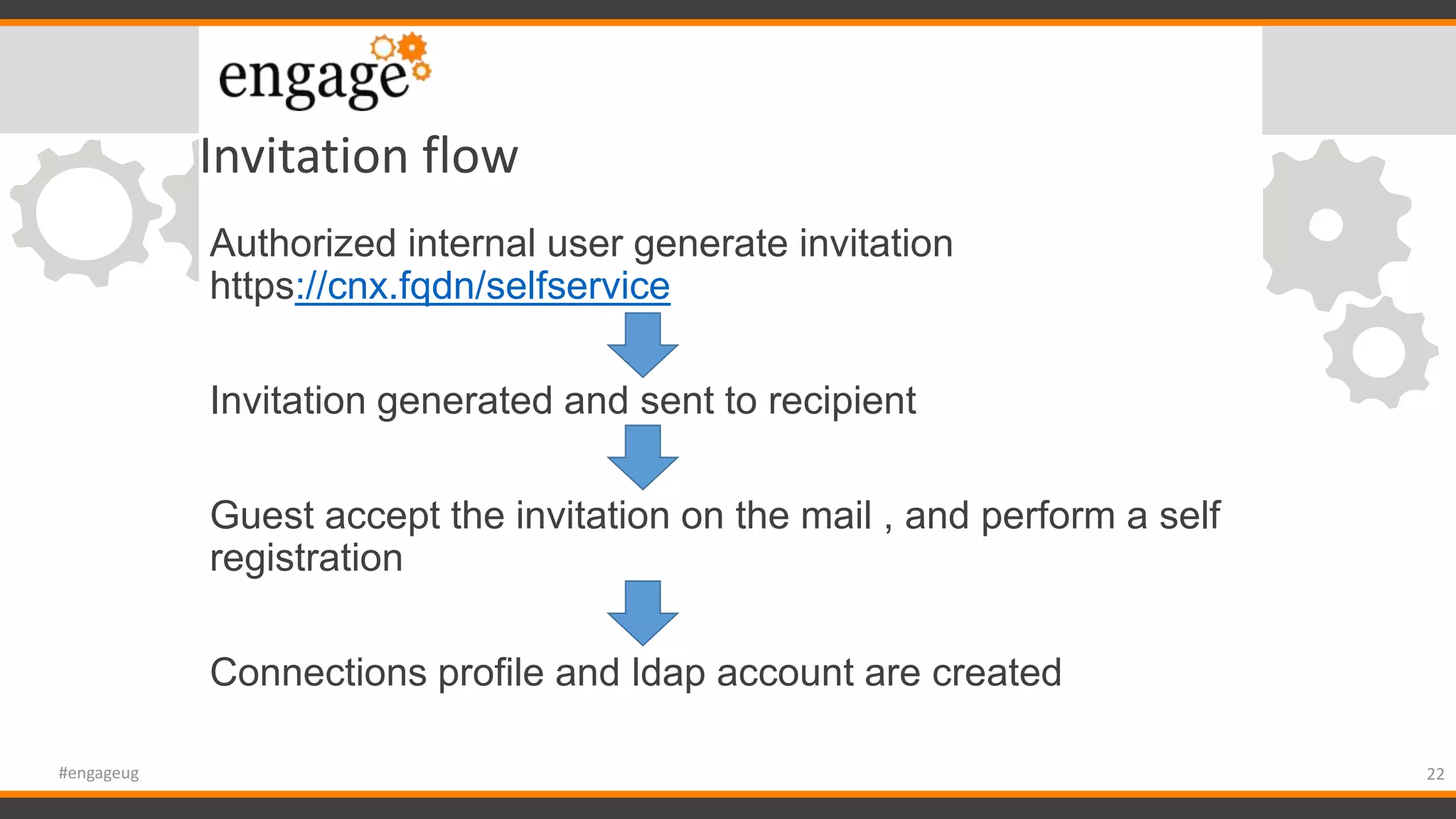 Invitation flow
Authorized internal user generate invitation
https://cnx.fqdn/selfservice
Invitation generated and sent to recipient
Guest accept the invitation on the mail , and perform a self
registration
Connections profile and ldap account are created
22#engageug
 