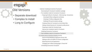 Old Versions
• Separate download
• Complex to install
• Long to Configure
8#engageug
 