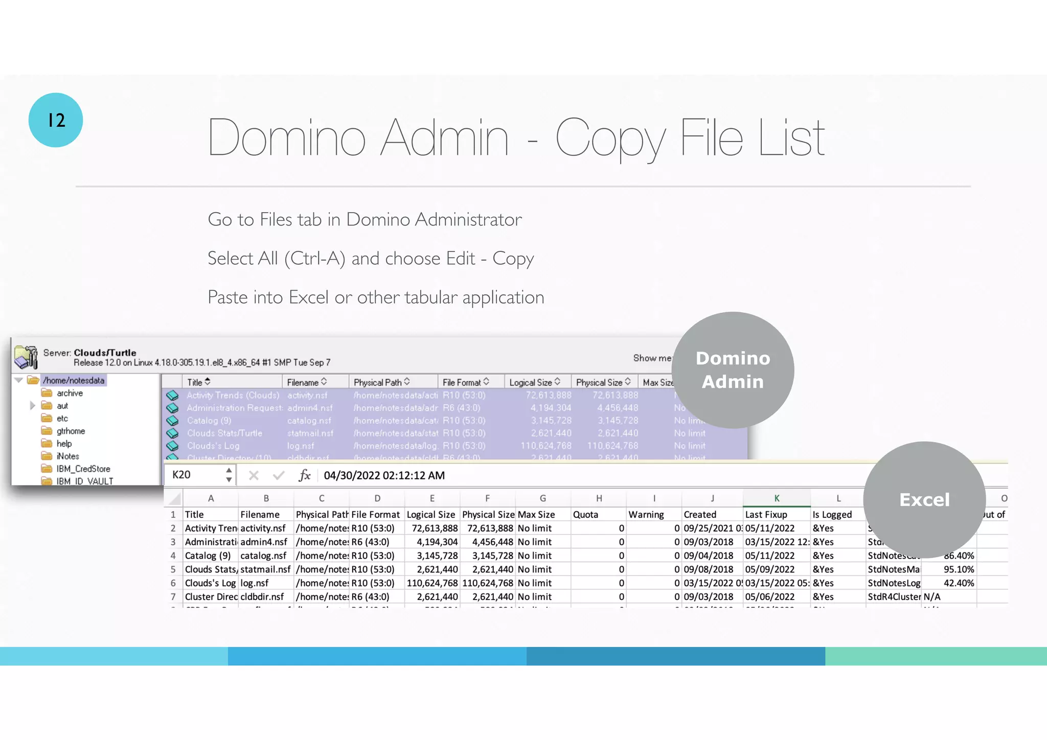 Domino Admin - Copy File List
Go to Files tab in Domino Administrator
Select All (Ctrl-A) and choose Edit - Copy
Paste into Excel or other tabular application
Domino
Admin
Excel
12
 