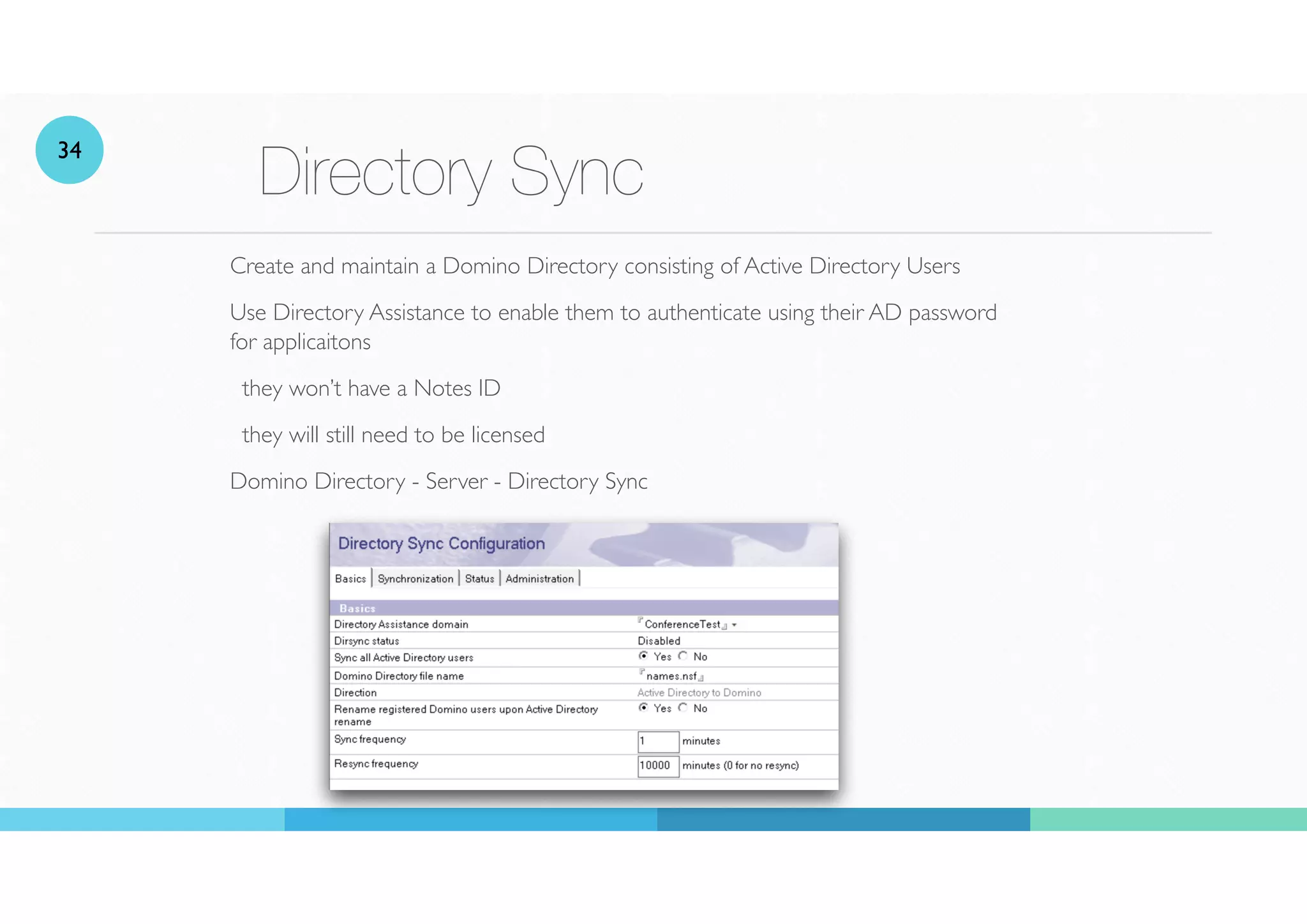 Directory Sync
Create and maintain a Domino Directory consisting of Active Directory Users
Use Directory Assistance to enable them to authenticate using their AD password
for applicaitons
they won’t have a Notes ID
they will still need to be licensed
Domino Directory - Server - Directory Sync
34
 