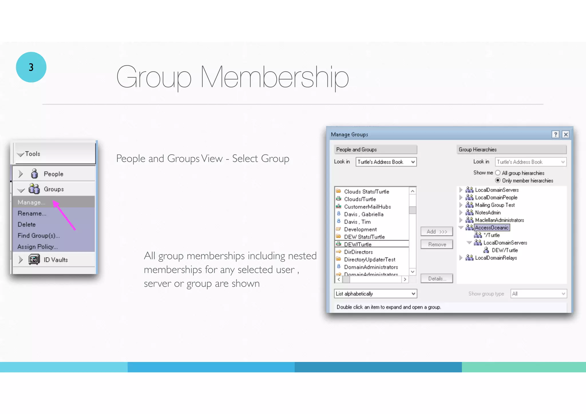 Group Membership
People and GroupsView - Select Group
All group memberships including nested
memberships for any selected user ,
server or group are shown
3
 