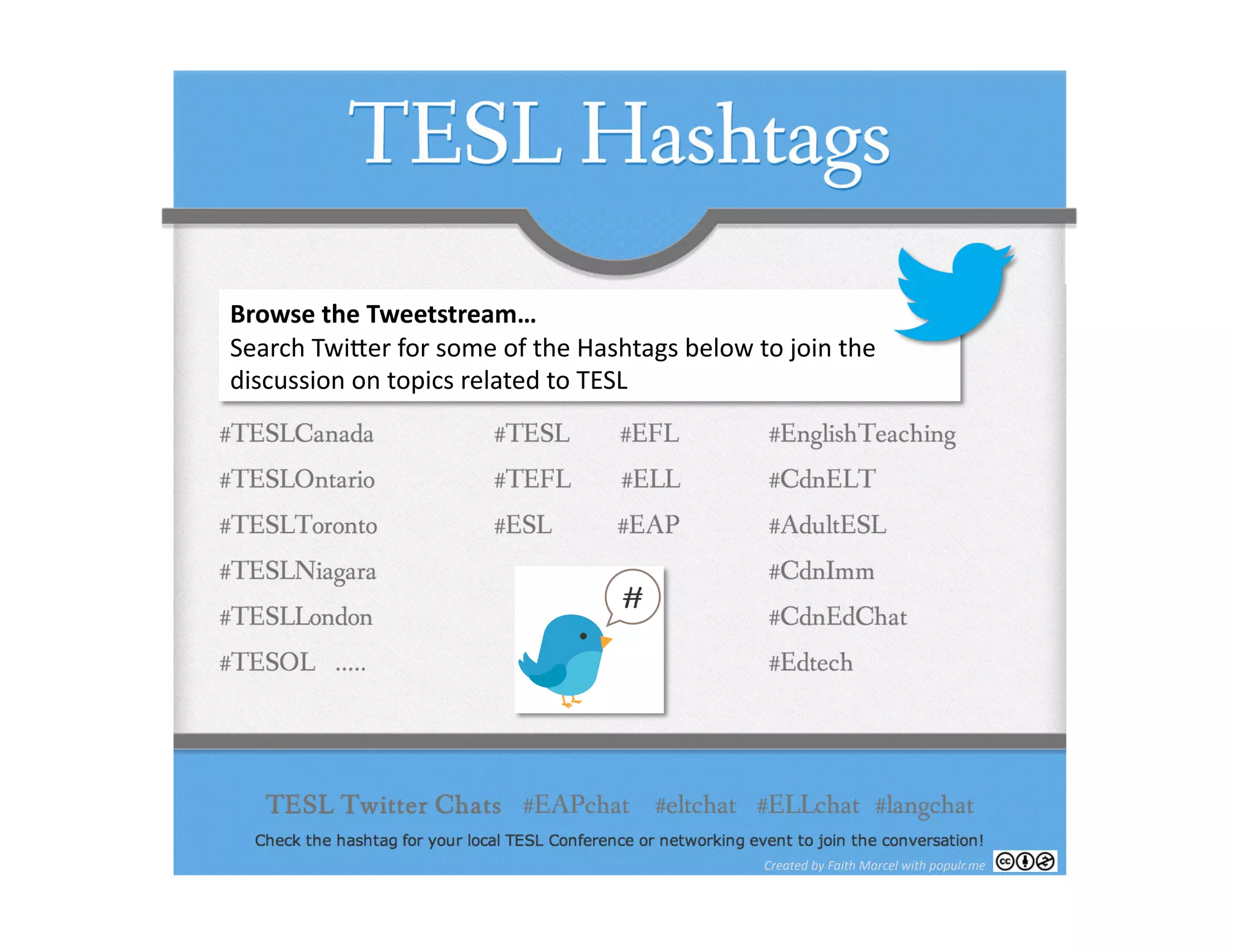 Browse	
  the	
  Tweetstream…	
  
Search	
  Twi;er	
  for	
  some	
  of	
  the	
  Hashtags	
  below	
  to	
  join	
  the	
  
discussion	
  on	
  topics	
  related	
  to	
  TESL	
  

Created	
  by	
  Faith	
  Marcel	
  with	
  populr.me	
  

 