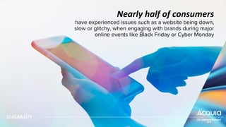 Nearly half of consumers
have experienced issues such as a website being down,
slow or glitchy, when engaging with brands during major
online events like Black Friday or Cyber Monday
SCALABILITY
 