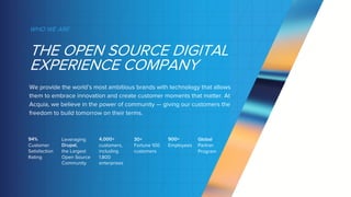 94%
Customer
Satisfaction
Rating
Leveraging
Drupal,
the Largest
Open Source
Community
4,000+
customers,
including
1,800
enterprises
30+
Fortune 100
customers
900+
Employees
Global
Partner
Program
GDPR
Ready
We provide the world’s most ambitious brands with technology that allows
them to embrace innovation and create customer moments that matter. At
Acquia, we believe in the power of community — giving our customers the
freedom to build tomorrow on their terms.
THE OPEN SOURCE DIGITAL
EXPERIENCE COMPANY
WHO WE ARE
 