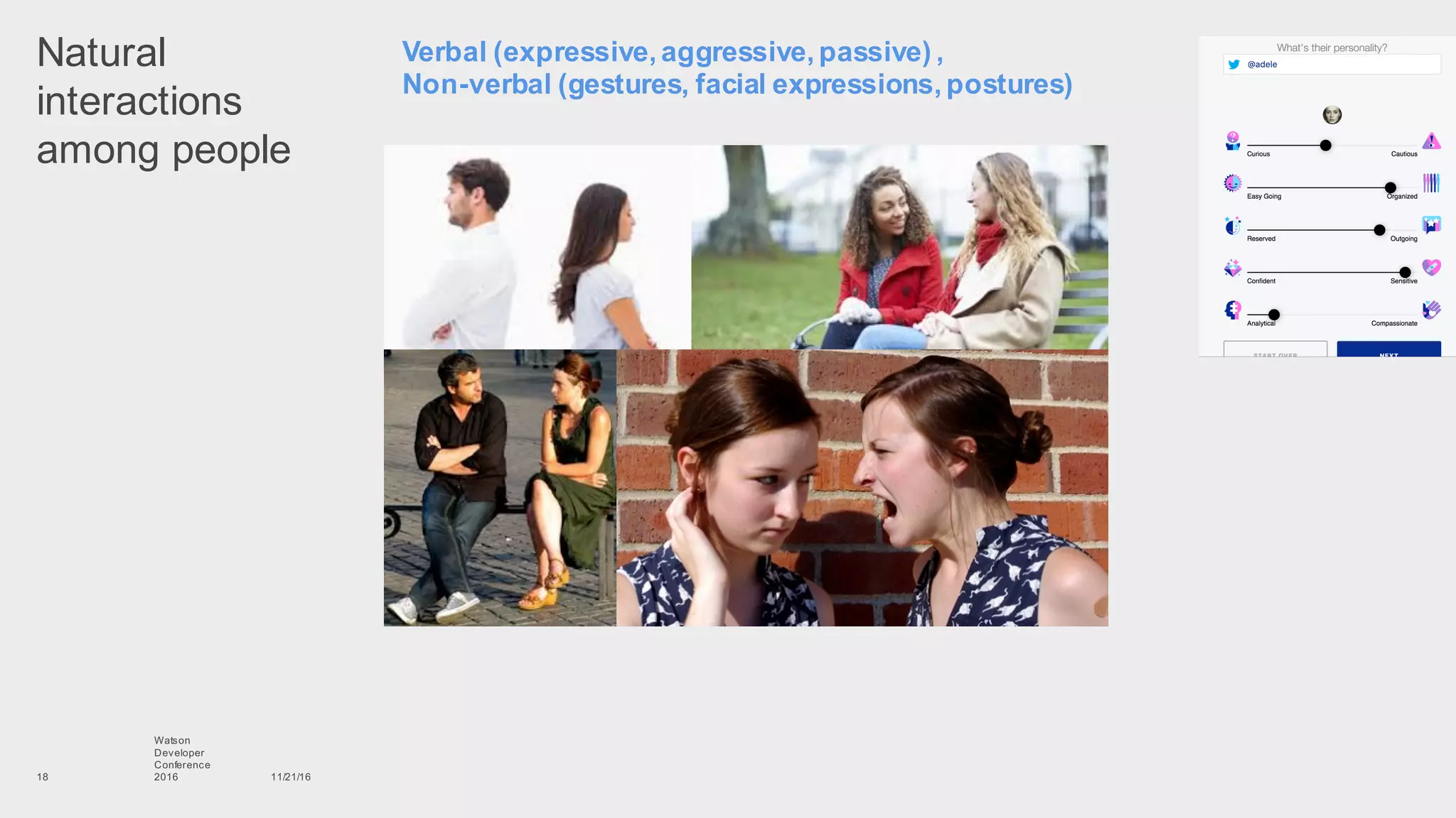 Natural  
interactions  
among  people
11/21/16
Watson
Developer
Conference
201618
Verbal  (expressive,  aggressive,  passive)  ,  
Non-­verbal  (gestures,  facial  expressions,  postures)
 