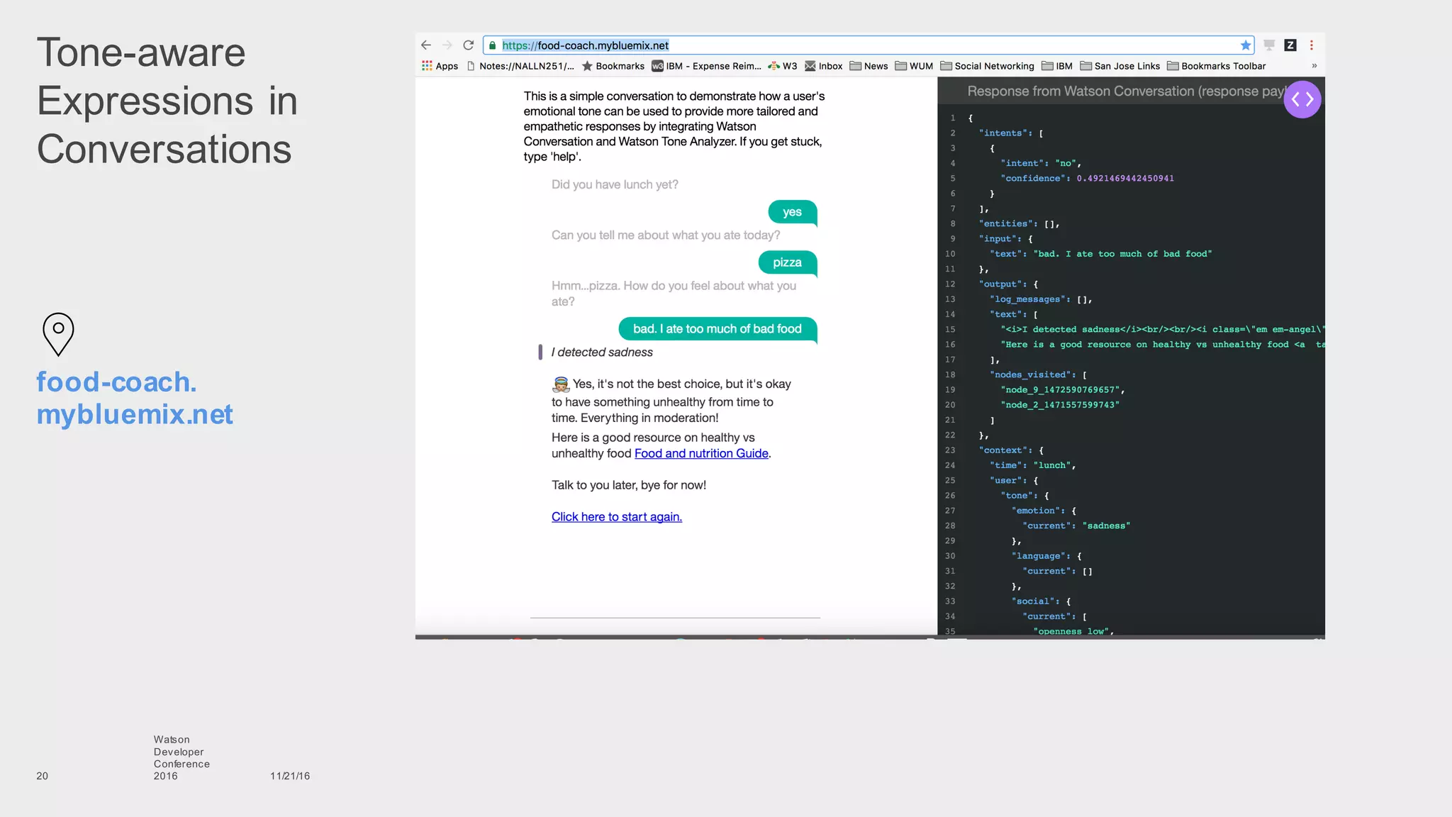 Tone-­aware  
Expressions  in  
Conversations
11/21/16
Watson
Developer
Conference
201620
food-­coach.
mybluemix.net
 