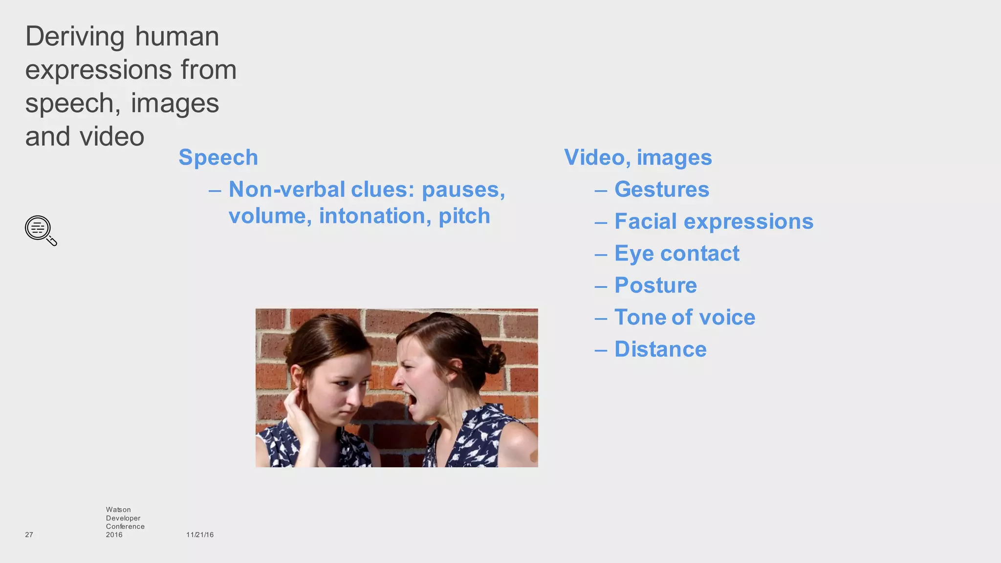 Deriving  human  
expressions  from  
speech,  images  
and  video
Speech
– Non-­verbal  clues:  pauses,  
volume,  intonation,  pitch  
11/21/16
Watson
Developer
Conference
201627
Video,  images
– Gestures
– Facial  expressions
– Eye  contact
– Posture
– Tone  of  voice
– Distance
 