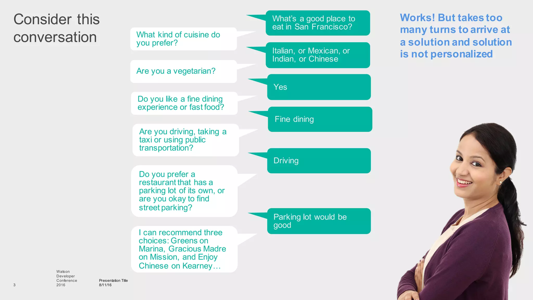 Consider  this  
conversation
Presentation  Title
8/11/16
Watson
Developer
Conference
2016  3
What  kind  of  cuisine  do  
you  prefer?
What’s  a  good  place  to  
eat  in  San  Francisco?
Are  you  a  vegetarian?
Italian,  or  Mexican,  or  
Indian,  or  Chinese
Do  you  like  a  fine  dining  
experience  or  fast  food?
Yes
Are  you  driving,  taking  a  
taxi  or  using  public  
transportation?
Fine  dining
Do  you  prefer  a  
restaurant  that  has  a  
parking  lot  of  its  own,  or  
are  you  okay  to  find  
street  parking?
Driving
I  can  recommend  three  
choices:  Greens  on  
Marina,  Gracious  Madre  
on  Mission,  and  Enjoy  
Chinese  on  Kearney…
Parking  lot  would  be  
good
Works!  But  takes  too  
many  turns  to  arrive  at  
a  solution  and  solution  
is  not  personalized
 