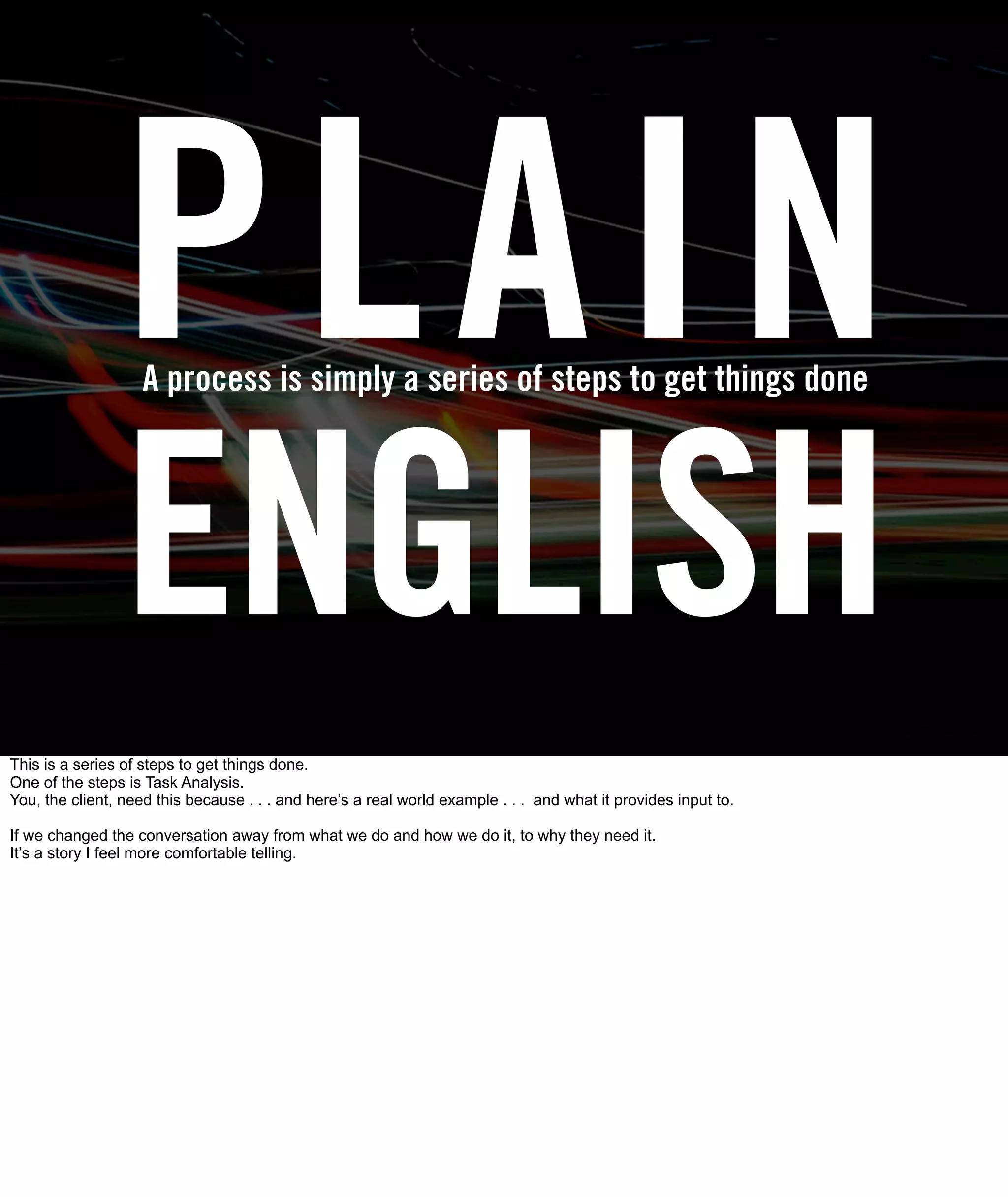 PL AI N
                   A process is simply a series of steps to get things done




                ENGLISH
This is a series of steps to get things done.
One of the steps is Task Analysis.
You, the client, need this because . . . and here’s a real world example . . . and what it provides input to.

If we changed the conversation away from what we do and how we do it, to why they need it.
It’s a story I feel more comfortable telling.
 
