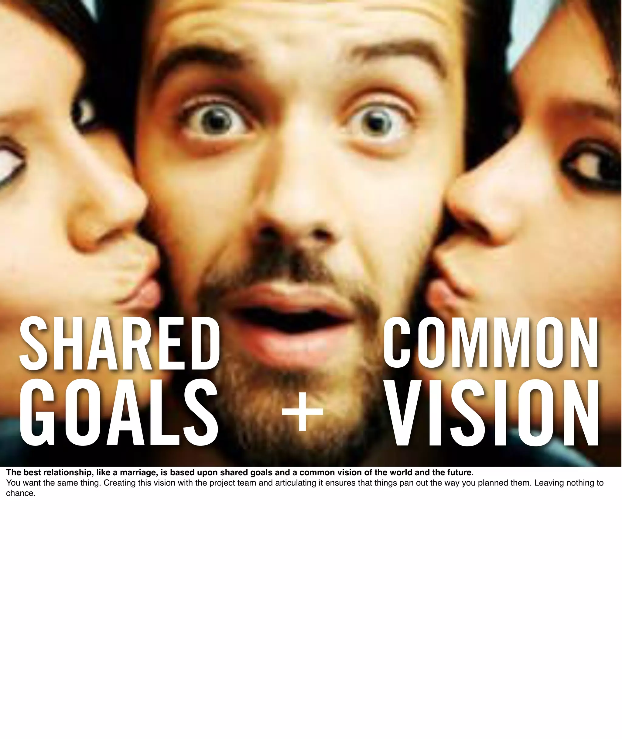 SHARED                                                                                           COMMON
  GOALS + VISION
The best relationship, like a marriage, is based upon shared goals and a common vision of the world and the future.
You want the same thing. Creating this vision with the project team and articulating it ensures that things pan out the way you planned them. Leaving nothing to
chance.
 
