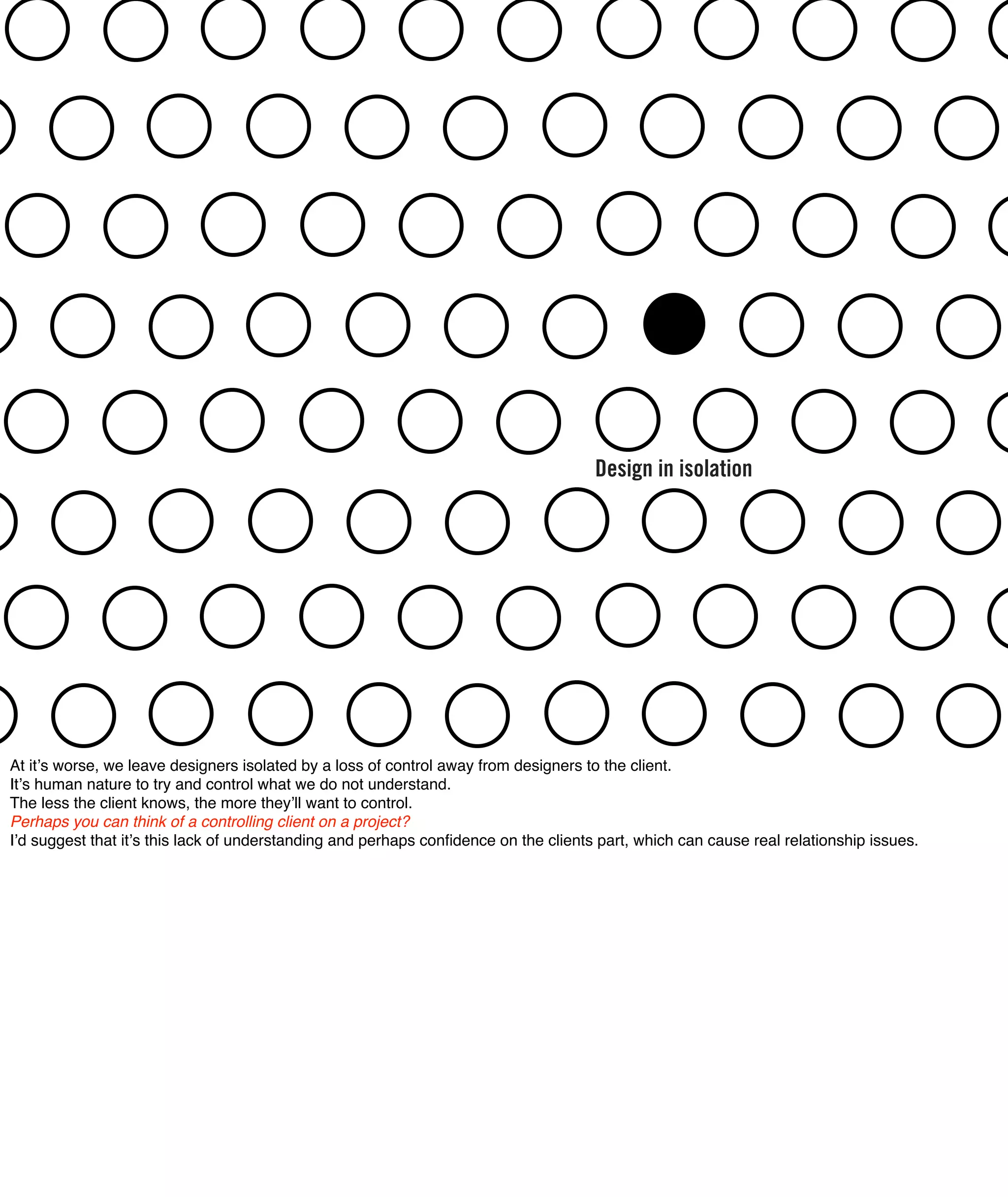 Design in isolation




At itʼs worse, we leave designers isolated by a loss of control away from designers to the client.
Itʼs human nature to try and control what we do not understand.
The less the client knows, the more theyʼll want to control.
Perhaps you can think of a controlling client on a project?
Iʼd suggest that itʼs this lack of understanding and perhaps conﬁdence on the clients part, which can cause real relationship issues.
 