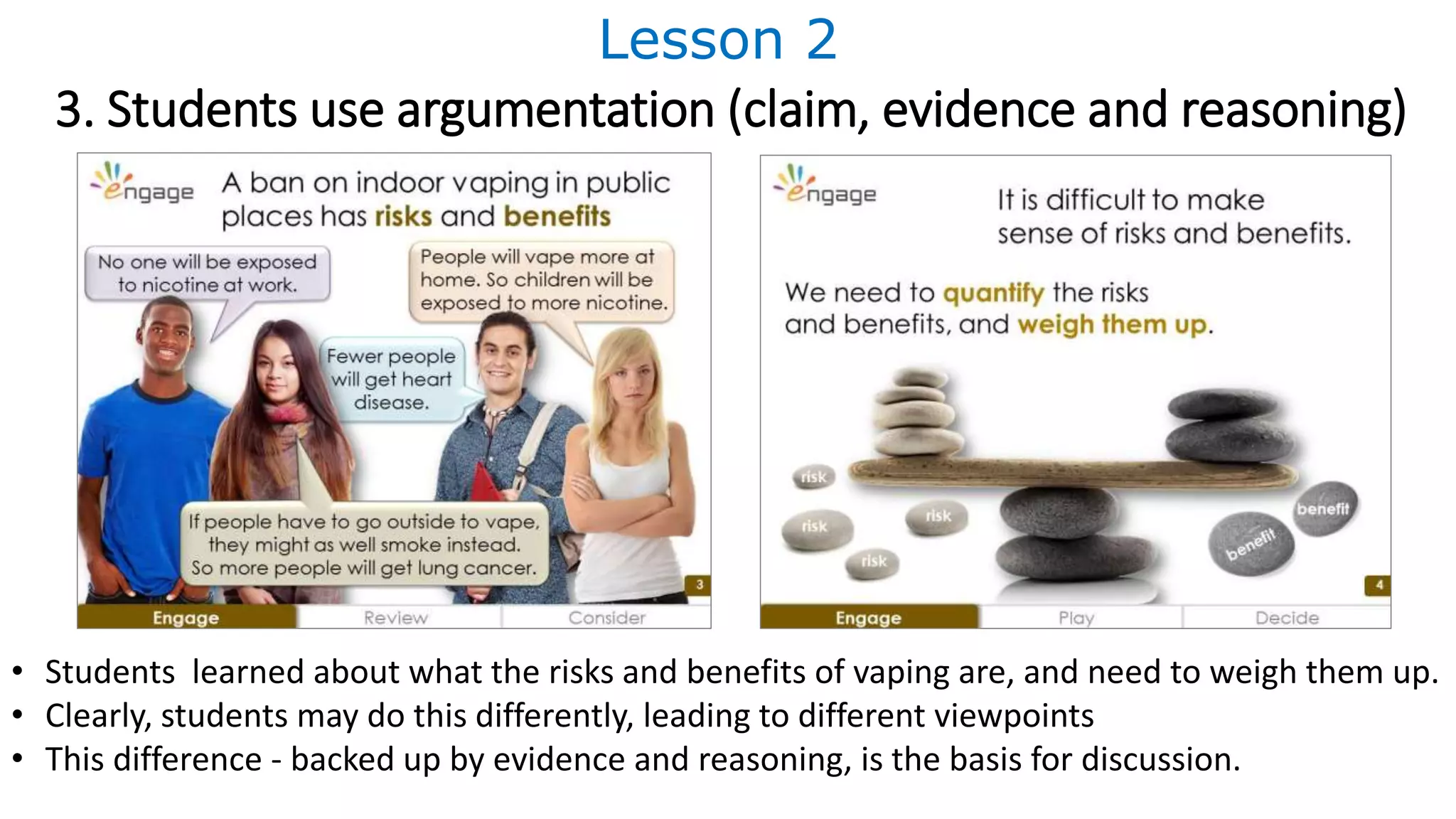• Students learned about what the risks and benefits of vaping are, and need to weigh them up.
• Clearly, students may do this differently, leading to different viewpoints
• This difference - backed up by evidence and reasoning, is the basis for discussion.
3. Students use argumentation (claim, evidence and reasoning)
Lesson 2
 