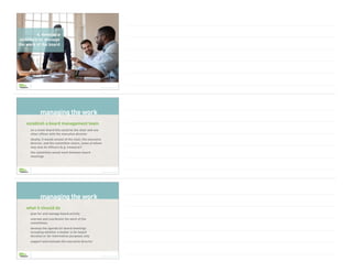 Brian Saber | © Copyright 2022
4. develop a
structure to manage
the work of the board
Brian Saber | © Copyright 2022
on a small board this could be the chair and one
other officer with the executive director
ideally, it would consist of the chair, the executive
director, and the committee chairs, some of whom
may also be officers (e.g. treasurer)
the committee would meet between board
meetings
establish a board management team
managing the work
Brian Saber | © Copyright 2022
plan for and manage board activity
oversee and coordinate the work of the
committees
develop the agenda for board meetings
including whether a matter is for board
decision or for information purposes only
support and evaluate the executive director
what it should do
managing the work
 