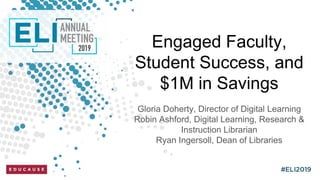 Engaged Faculty,
Student Success, and
$1M in Savings
Gloria Doherty, Director of Digital Learning
Robin Ashford, Digital Learning, Research &
Instruction Librarian
Ryan Ingersoll, Dean of Libraries
 
