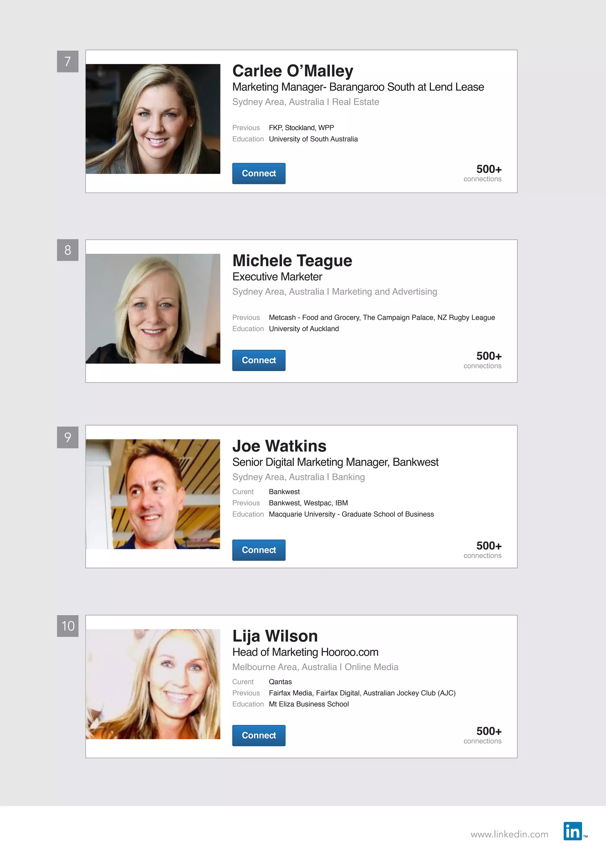 www.linkedin.com
7
9
8
10
ConnectConnect 500+
connections
ConnectConnect 500+
connections
Joe Watkins
Senior Digital Marketing Manager, Bankwest
Sydney Area, Australia | Banking
Curent	 Bankwest
Previous	 Bankwest, Westpac, IBM
Education	 Macquarie University - Graduate School of Business
Lija Wilson
Head of Marketing Hooroo.com
Melbourne Area, Australia | Online Media
Curent	 Qantas
Previous	 Fairfax Media, Fairfax Digital, Australian Jockey Club (AJC)
Education	 Mt Eliza Business School
ConnectConnect 500+
connections
Michele Teague
Executive Marketer
Sydney Area, Australia | Marketing and Advertising
Previous	 Metcash - Food and Grocery, The Campaign Palace, NZ Rugby League
Education	 University of Auckland
ConnectConnect 500+
connections
Carlee O’Malley
Marketing Manager- Barangaroo South at Lend Lease
Sydney Area, Australia | Real Estate
Previous	 FKP, Stockland, WPP
Education	 University of South Australia
 